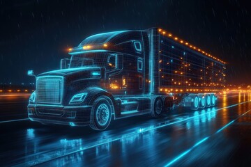 Futuristic digital wireframe of a large semi-truck with trailer driving on a wet road at night with glowing blue and orange lights and light rain