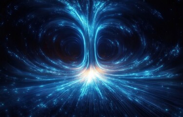 Bright blue swirling particle streams converge into a glowing central point creating an abstract dynamic cosmic energy flow