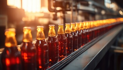 Row of glass bottles filled with dark liquid on a conveyor belt in a beverage production facility with warm sunlight filtering through machinery