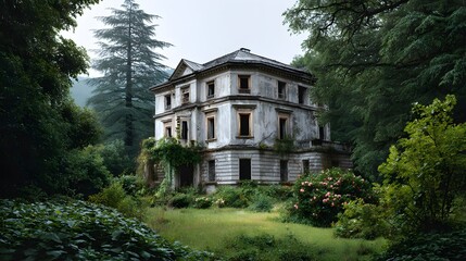 Obraz premium Decaying historic mansion with an overgrown garden weathered facade and surrounding dense forest