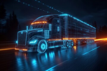 Futuristic digital wireframe of a large semi-truck driving on a wet road at night with glowing blue and orange lights and dark forest in background, conveying speed and technology