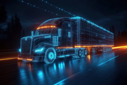 Futuristic digital wireframe of a large semi-truck driving on a wet road at night with glowing blue and orange lights and dark forest in background, conveying speed and technology