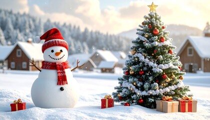 Fototapeta premium Snowy Christmas Scene with Snowman and Tree.