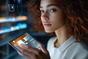 young woman with curly hair holding a tablet and interacting with a futuristic transparent digital interface, focused and engaged expression
