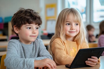 Two young children sitting at a desk looking attentively at a tablet in a bright classroom setting with other children in the background