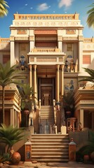 Naklejka premium Grand facade of an ancient Egyptian inspired building showcasing intricate architectural details