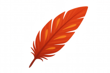 Single red feather with orange details floating on a transparent background, ideal for nature, bird, or writing related designs