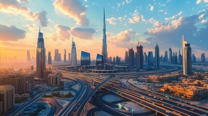 Sunset over a sprawling modern cityscape featuring tall skyscrapers and intricate highway interchanges under a vibrant partly cloudy sky
