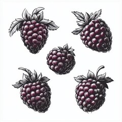Detailed illustration of five ripe blackberries with leaves on a white background