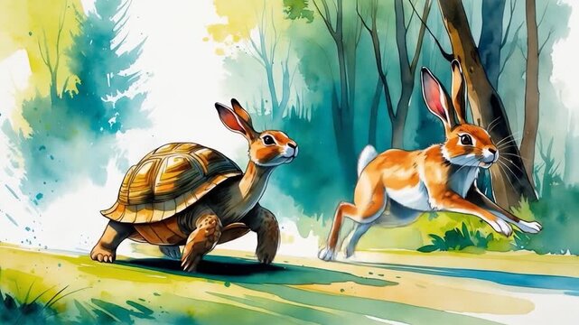 Watercolor Illustration - Hare and Tortoise Race in Forest.