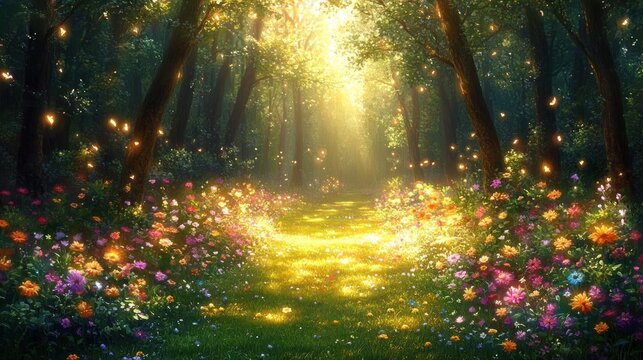 Sunlit forest pathway lined with vibrant colorful flowers and glowing fireflies creating a magical and peaceful atmosphere
