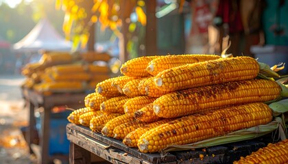 Golden roasted corn cobs stacked in market stall