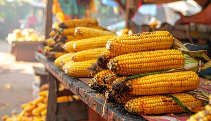 Golden roasted corn cobs stacked in market stall