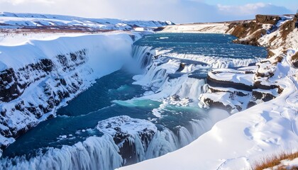 Winter waterfall cascading into icy blue river