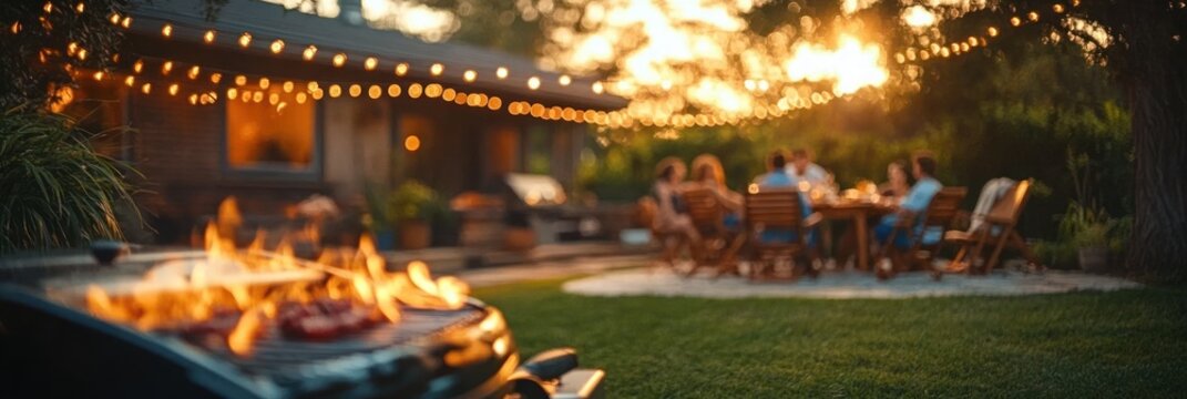 Group of people gathered outdoors around a wooden table in the backyard at sunset with string lights and a flaming grill in the foreground creating a warm and inviting atmosphere