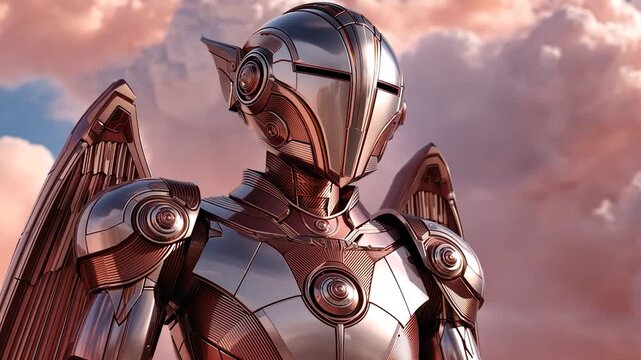 Angelic robotic figure in rose gold armor against a dreamy sky