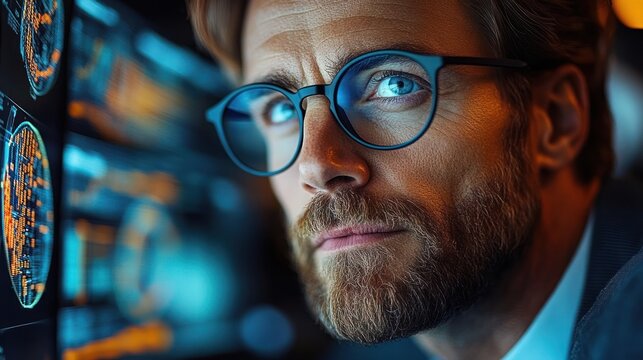 Focused man with glasses analyzing digital data on futuristic transparent screens with blue and orange graphical interfaces in a dimly lit environment