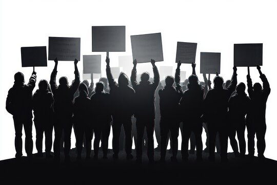 Silhouetted group of people standing closely together holding up blank protest signs against a bright white background conveying unity and activism