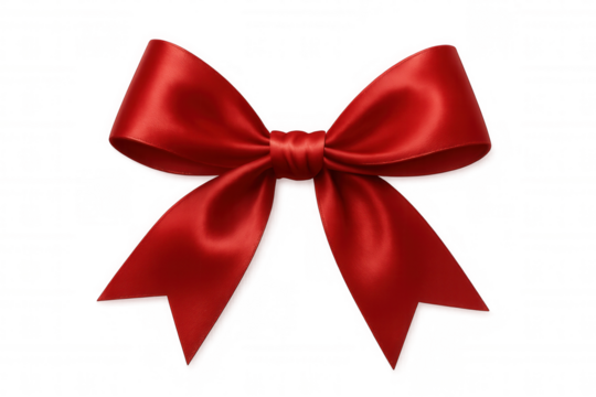 Realistic red silk ribbon bow isolated on transparent background, perfect for gift wrapping, greeting cards, and festive decorations