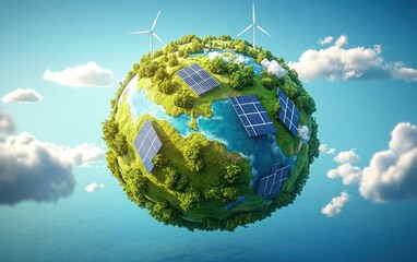 Fototapeta premium Small green earth covered with trees, solar panels and wind turbines under a bright sky with clouds, symbolizing renewable energy and environmental sustainability