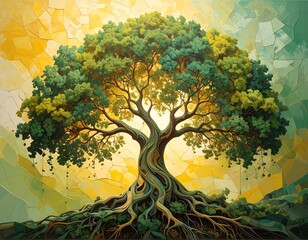 Colorful mosaic tree with sunlit roots