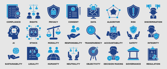 AI ethics icon collection set. Containing data privacy, compliance, governance, accountability, transparency, responsibility, and human rights icon. solid  icon vector.