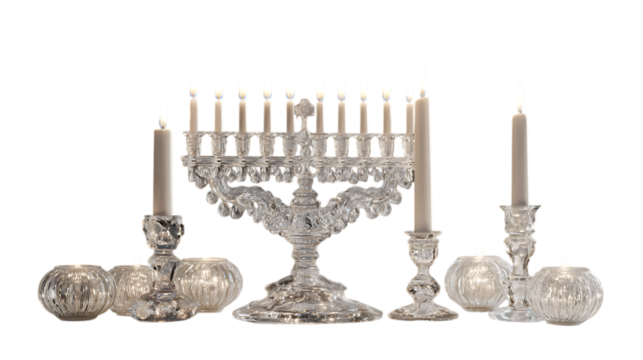 Luxury Hanukkah setup with crystal menorah and candles on white background.