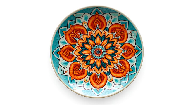 Top view of a ceramic plate showcasing a detailed floral mandala design in vibrant orange and teal colors, isolated on white background.