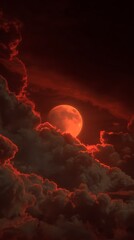 Dramatic blood moon partially obscured by fiery red and orange clouds during a breathtaking sunset or sunrise