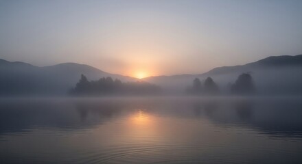 Obraz premium Mystical sunrise over a misty lake, with mountains and trees reflected in the calm water, creating a serene and peaceful landscape.