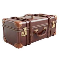 Vintage brown leather suitcase, angled view, showing details like clasps and handles