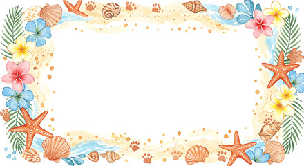 tropical beach border with seashells, starfish, and flowers for summer invitations