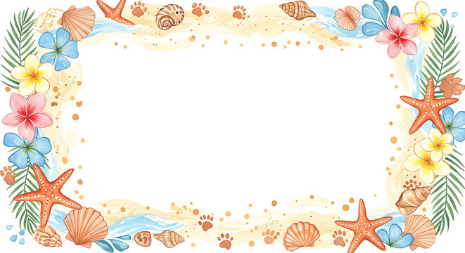 tropical beach border with seashells, starfish, and flowers for summer invitations