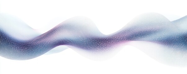 Smooth flowing wave of blue and purple hues with tiny scattered light particles on a white background evoking calm and futuristic motion