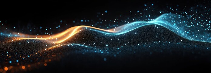 Dynamic waves of glowing orange and blue particles flowing smoothly against a black background conveying energy and fluid motion
