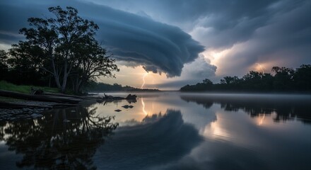Dramatic thunderstorm over a calm river with lightning strikes and stunning cloud formations, reflecting in the water.
