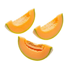 Cantaloupe Melon Slices Fresh Fruit Healthy Snack Food Still Life Isolated on White Background