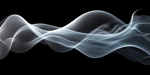 Elegant flowing translucent white wave lines on black background creating smooth abstract shapes and a sense of fluid motion