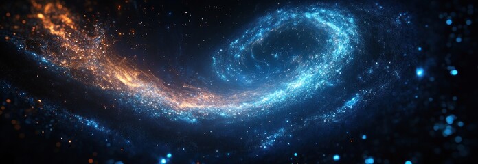 Obraz premium Swirling cosmic scene of a galaxy with bright blue and orange glowing stars and dust creating a dynamic spiral pattern in deep space