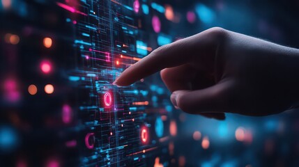 Human finger touching a digital screen with colorful interface elements