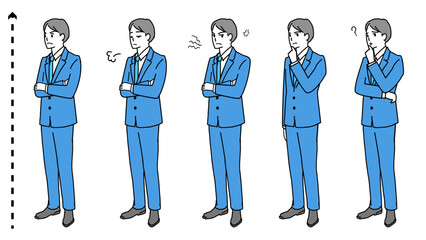 悩んでいる表情の若いビジネスマンの全身イラストセット
