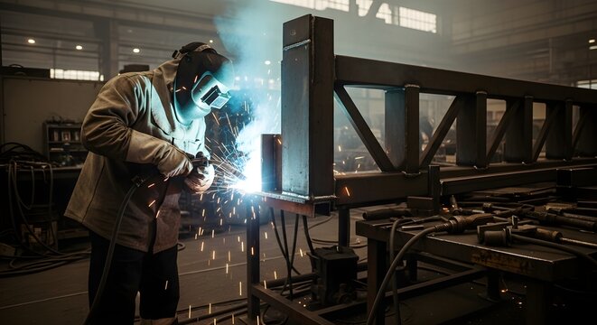 Welder in protective gear sparks metal structure assembly in industrial workshop