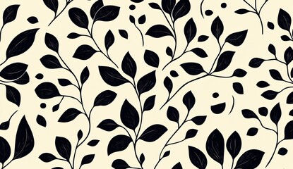 Seamless pattern of black leaves and branches on a cream background creating an elegant botanical design