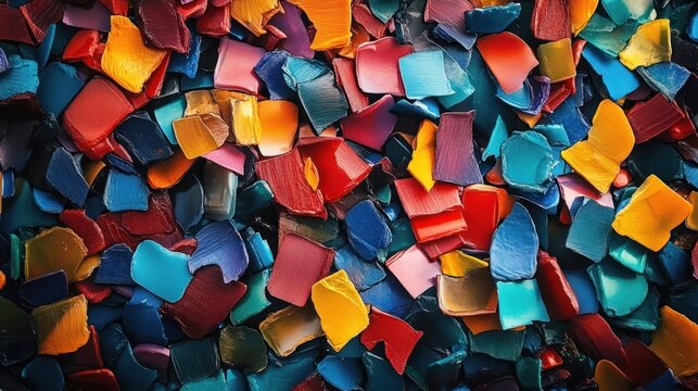 Close-up of vibrant multicolored plastic fragments scattered densely, displaying a textured mosaic of broken sharp-edged pieces in bold primary and secondary colors