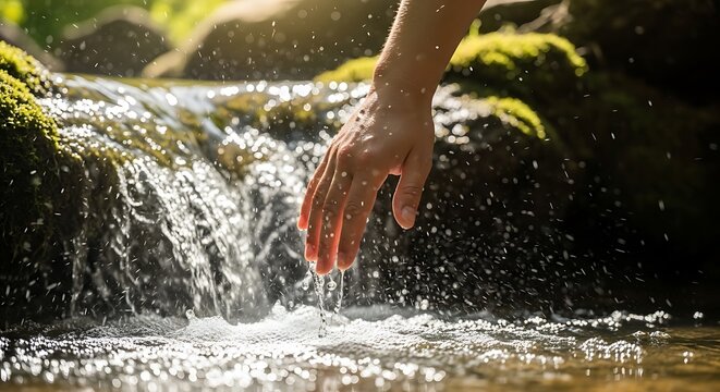 Hand touching flowing water in a sunlit forest stream with mossy rocks nature