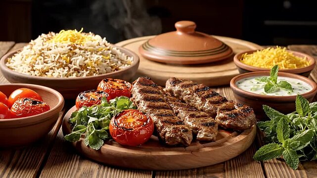 Delicious Persian Koobideh Kebab Platter with Rice, Grilled Tomatoes, and Yogurt Sauce