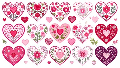 Floral heart designs in various shades of pink and red on a white background