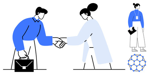Two individuals in formal clothing shaking hands, symbolizing collaboration, with a colleague nearby. Ideal for partnership, networking, teamwork, conference, business deal, career connection