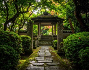 Tranquil Japanese garden gazebo. Lush greenery surrounds a stone path leading to a covered pavilion
