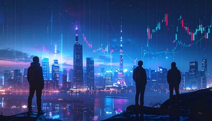 Three figures gaze at a vibrant cityscape with digital stock market charts overlaid, lit by a colorful dusk sky